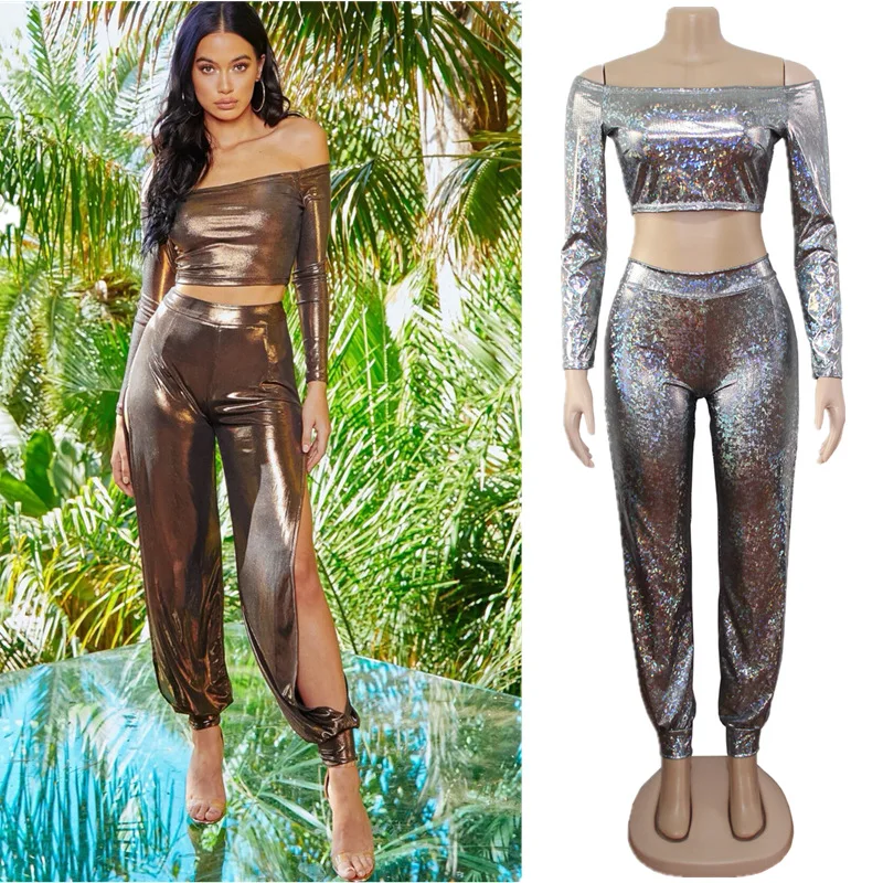 Shiny Laser Holographic Two 2 Piece Set Women Long Sleeve Crop Top Sexy Side Slits Long Pants Matching Sets Party Club Outfits
Shiny Laser Holographic Two 2 Piece Set Women Long Sleeve Crop Top Sexy Side Slits Long Pants Matching Sets Party Club Outfits