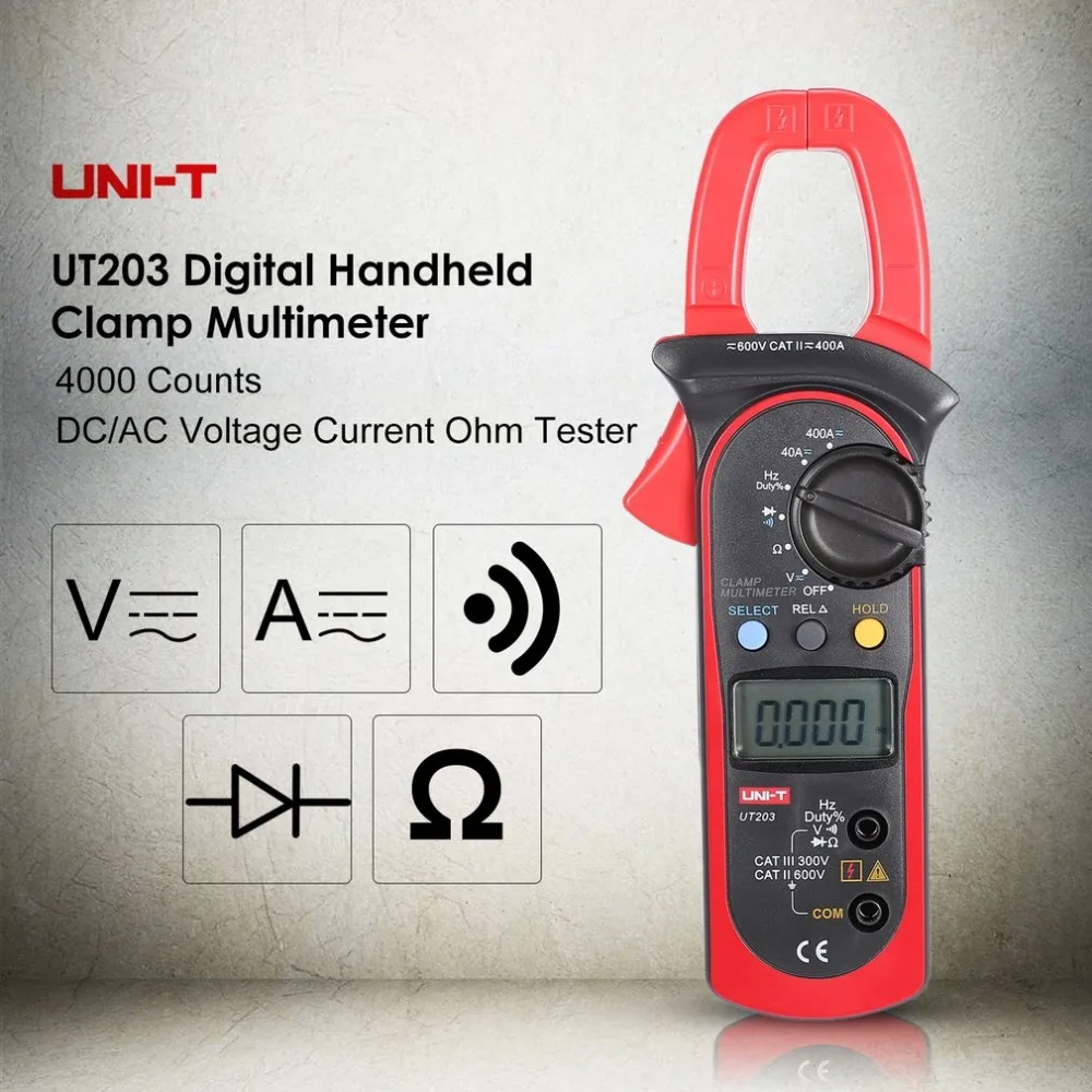 UNI-T UT203 4000 Counts Digital Handheld Clamp Multimeter with Auto Range DMM DC/AC Voltage 400A Current Ohm Tester Meter
UNI-T UT203 4000 Counts Digital Handheld Clamp Multimeter with Auto Range DMM DC/AC Voltage 400A Current Ohm Tester Meter
