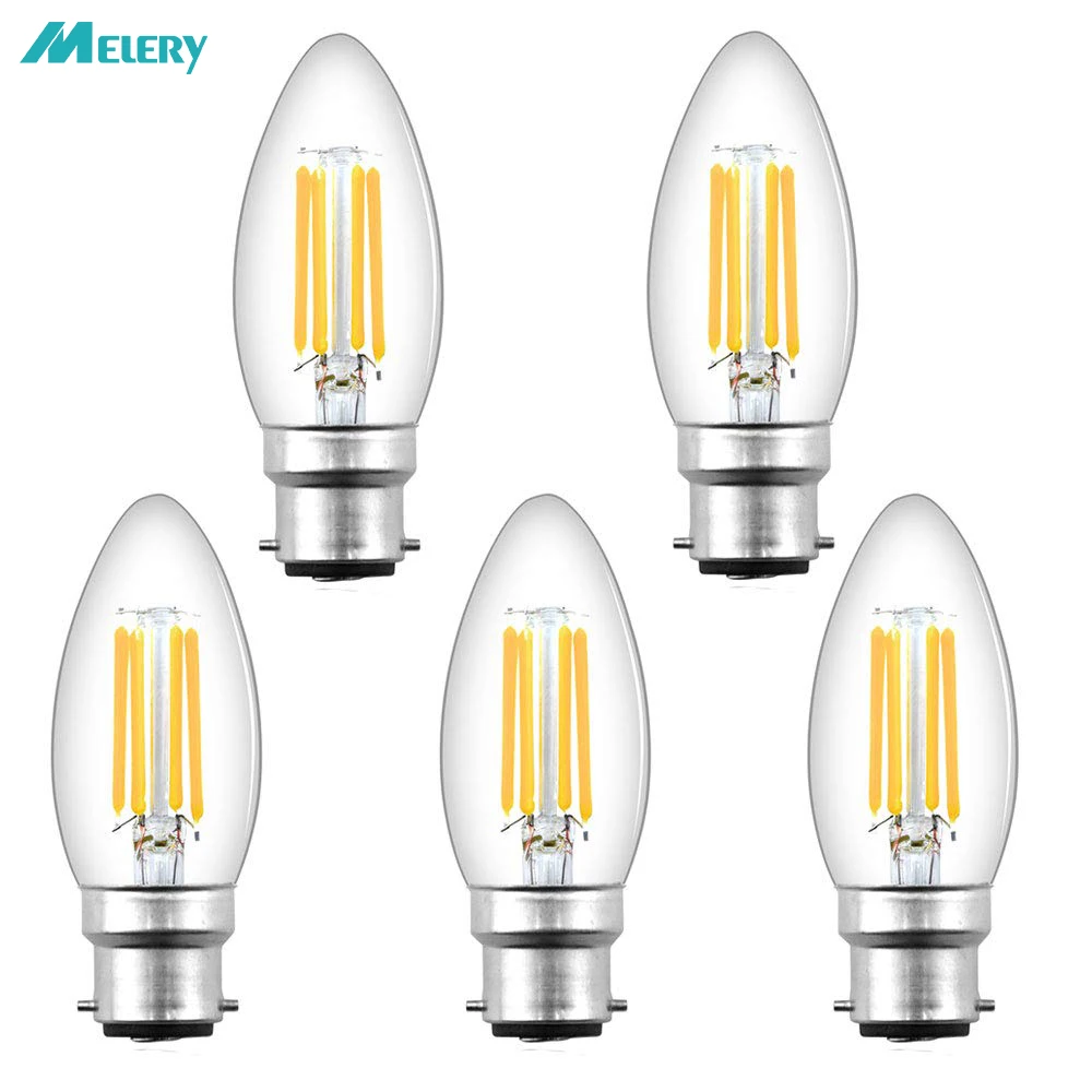 B22 LED Candle Filament Light Bulb 4W C35 Dimmable Bayonet Vintage Edison Warm White 2700K Equivalent 40W Incandescent 5Pack
B22 LED Candle Filament Light Bulb 4W C35 Dimmable Bayonet Vintage Edison Warm White 2700K Equivalent 40W Incandescent 5Pack