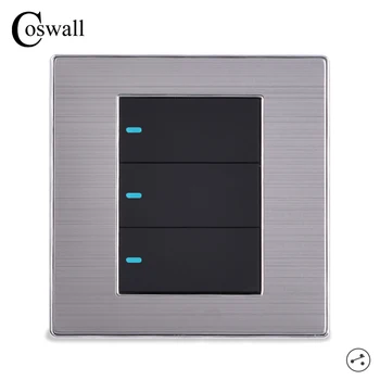 COSWALL Power Conmutador 3 Gang 2 Way Luxury LED Light Switch On / Off Wall Switch Brushed Silver Panel 10A AC 110~250V
COSWALL Power Conmutador 3 Gang 2 Way Luxury LED Light Switch On / Off Wall Switch Brushed Silver Panel 10A AC 110~250V