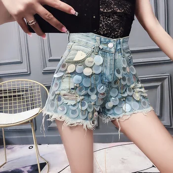 Women's High waist jeans 2019 Summer New Modis Short jeans Heavy work sequined metal hanging Holes Hot pants Color: White Blue
Women's High waist jeans 2019 Summer New Modis Short jeans Heavy work sequined metal hanging Holes Hot pants Color: White Blue