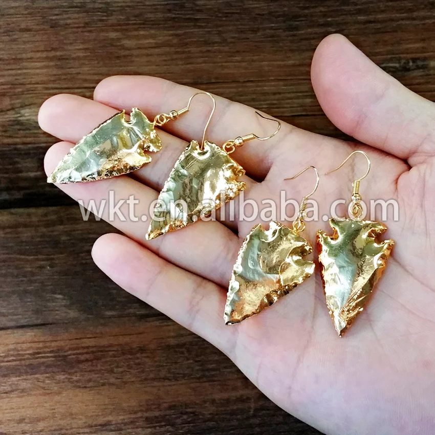 Wholesale 24K Full gold dipped electroplated stone arrowhead earrings, fashion gold trim natural stone dangling earring
Wholesale 24K Full gold dipped electroplated stone arrowhead earrings, fashion gold trim natural stone dangling earring