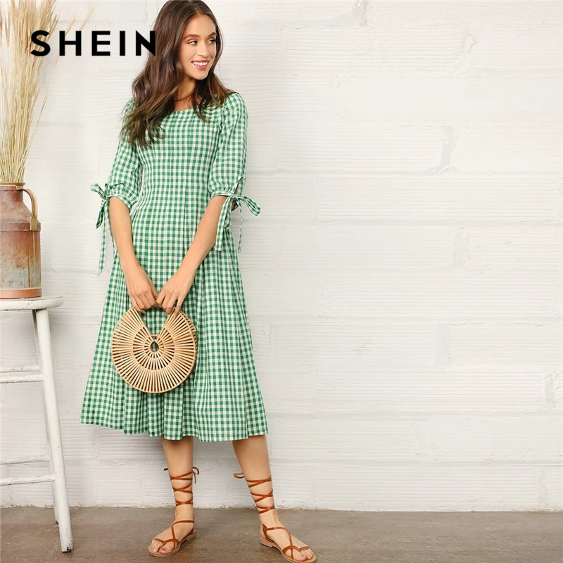 SHEIN Preppy Green Knotted Cuff Gingham Fit and Flare Summer Long Dress Women 2019 A Line Pleated Prairie Chic Dresses
SHEIN Preppy Green Knotted Cuff Gingham Fit and Flare Summer Long Dress Women 2019 A Line Pleated Prairie Chic Dresses
