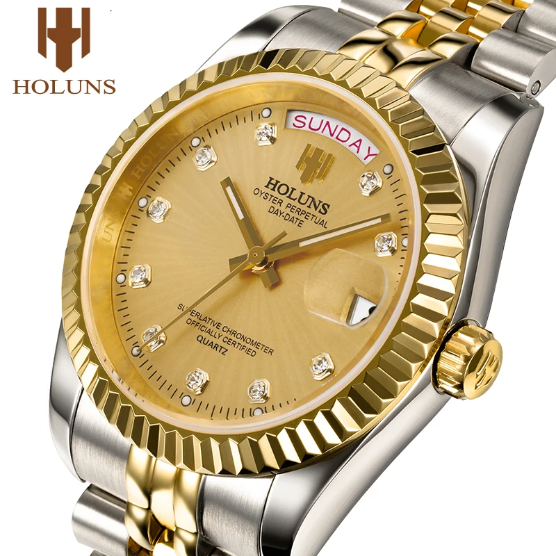 Holuns Mens Watches Top Brand Luxury Gold Diamond Wrist Watch Quartz Business Full Steel Classic Calendar Week Relogio Masculino
Holuns Mens Watches Top Brand Luxury Gold Diamond Wrist Watch Quartz Business Full Steel Classic Calendar Week Relogio Masculino