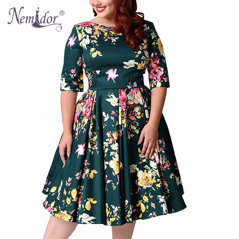 Plus_Size_Vintage_Deep_Green_Seville_Floral_Half_Sleeve_Hepburn_Swing_Dress