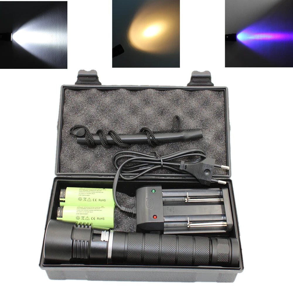 Underwater Flashlight L2/T6/UV LED Diving Flashlight White/Yellow/UV Light Waterproof Hunting Lamp +26650 Battery +Charger +Box
Underwater Flashlight L2/T6/UV LED Diving Flashlight White/Yellow/UV Light Waterproof Hunting Lamp +26650 Battery +Charger +Box