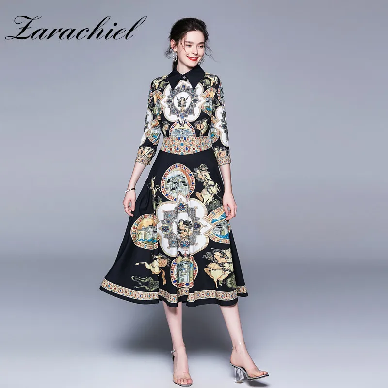 Summer Fashion Designer Women's Three Quarter Sleeve Vintage Pattern Print Party Dress Female Autumn Elegant Mid-Calf Long Dress
Summer Fashion Designer Women's Three Quarter Sleeve Vintage Pattern Print Party Dress Female Autumn Elegant Mid-Calf Long Dress