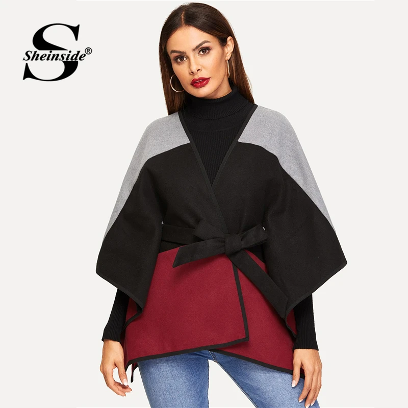 

Sheinside Elegant Colorblock Self Belted Cape Women Jacket Coat Autumn Cut And Sew Ladies Outerwear Womens Coats And Jackets