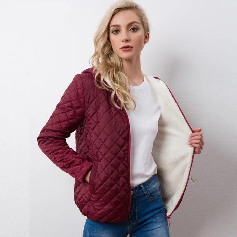 Cotton Clothing Women's Jacket Short Paragraph Casual Large Size Thin Thin Plus Velvet Thickening Lamb Hair Hooded Cotton Coat AS062 (2)