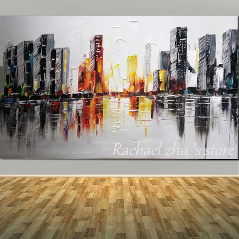 Large Hand Painted Abstract Art Cityscape Oil Painting On Canvas