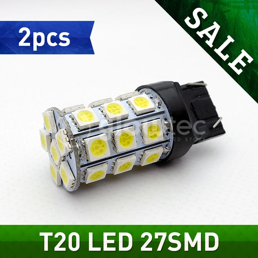 

SALE 2pcs T20 white 27SMD 5050 LED Car Brake Rear Stop Light Bulb Lamp WY21W 7440 7443 T20 27SMD 5050 Lighting GLOWTEC