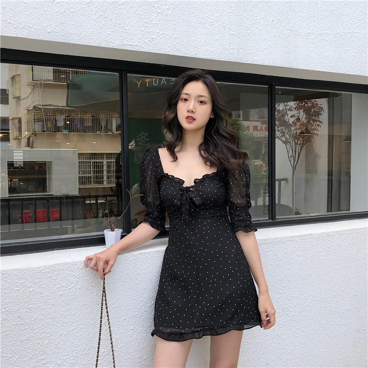 Korean fashion brand Women's Clothing polka dot summer dress square collar ladies chiffon black mini-dresses new moda feminina
Korean fashion brand Women's Clothing polka dot summer dress square collar ladies chiffon black mini-dresses new moda feminina
