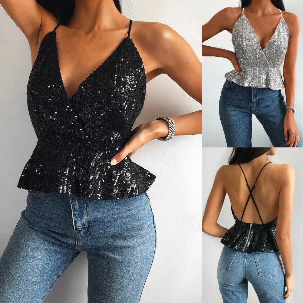 Hot sale halter Sequins backless v-neck Sexy Fashion summer Women Bling Strap Vest Sleeveless Loose Tank Tops Blouse Camisole
Hot sale halter Sequins backless v-neck Sexy Fashion summer Women Bling Strap Vest Sleeveless Loose Tank Tops Blouse Camisole