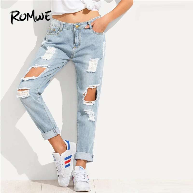 ROMWE Distressed Boyfriend Jeans 2019 Blue Zipper Fly Pockets Mid Waist Long Pants Stylish Summer Button Women Trousers
ROMWE Distressed Boyfriend Jeans 2019 Blue Zipper Fly Pockets Mid Waist Long Pants Stylish Summer Button Women Trousers