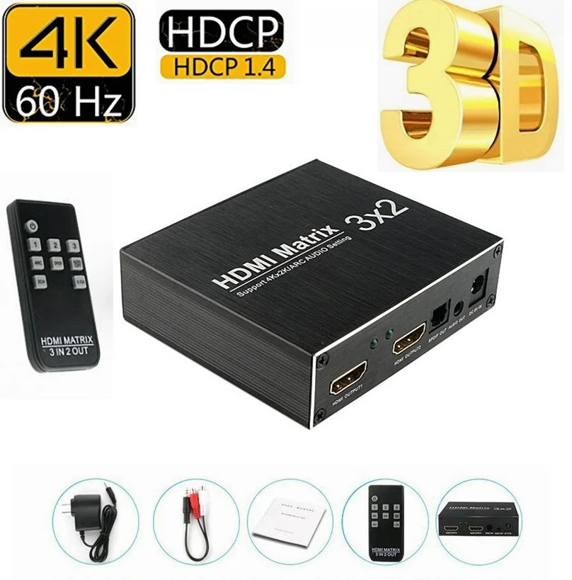 4K 60Hz Ultra HD HDMI 3X2 Matrix Switcher Switch Splitter R/L+ARC 3 Ports Inputs 2 Port Outputs with IR Remote HDCP1.4
4K 60Hz Ultra HD HDMI 3X2 Matrix Switcher Switch Splitter R/L+ARC 3 Ports Inputs 2 Port Outputs with IR Remote HDCP1.4