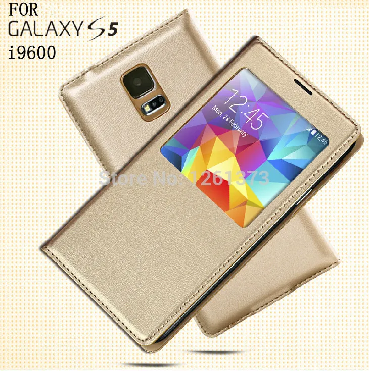

IC chip Cases For Samsung Galaxy S5 SV i9600 9600 Auto Sleep Case Battery housing Cover Smart View Window Flip Leather Case