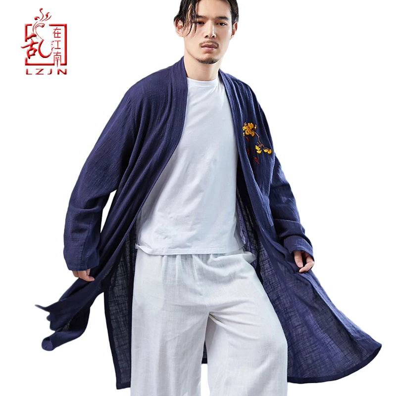 

LZJN 2019 Casual Long Sleeve Shirt Summer Men's Vintage Embroidery Kimono Cardigan Cotton Linen Cloak Poncho Open Front Coat