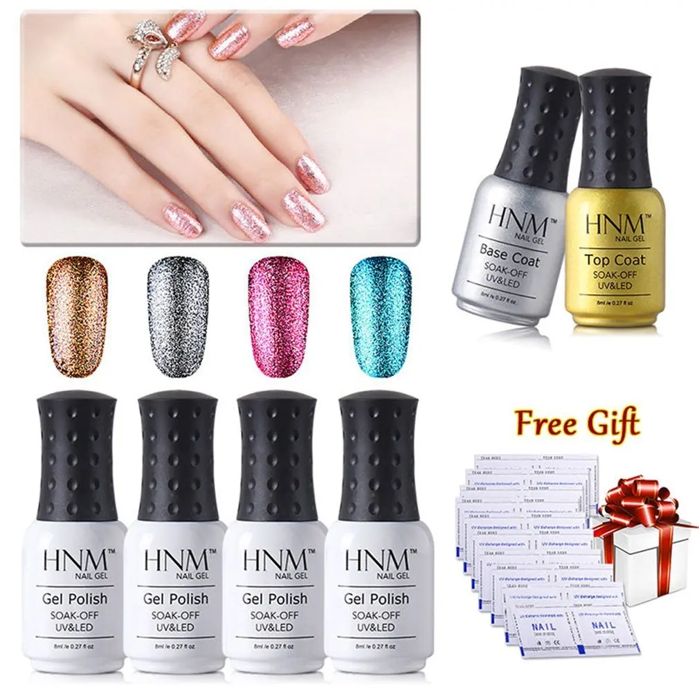HNM Set 4PCS Bling Glitter Platinum Nail Gel + Base Top + Free Gift 10PCS Remover Wraps Set Lucky Varnish Kit UV Lacquer Kit
HNM Set 4PCS Bling Glitter Platinum Nail Gel + Base Top + Free Gift 10PCS Remover Wraps Set Lucky Varnish Kit UV Lacquer Kit