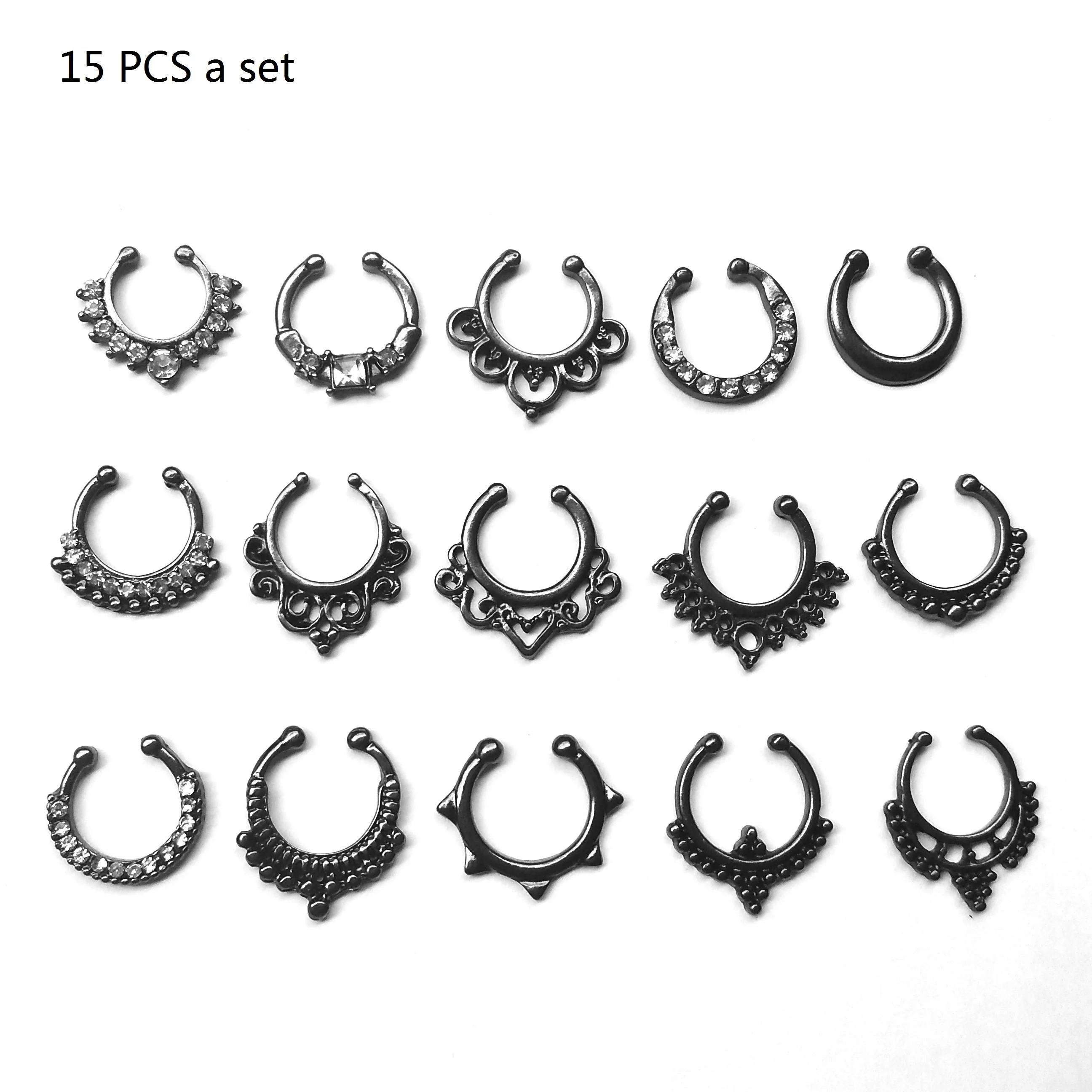15 PCS a Set Popular Fake Nose Ring Jewelry BLACK Fake Septum Piercing Clicker Faux Clip Non Body Hoop for Female Nose Ring Set
15 PCS a Set Popular Fake Nose Ring Jewelry BLACK Fake Septum Piercing Clicker Faux Clip Non Body Hoop for Female Nose Ring Set