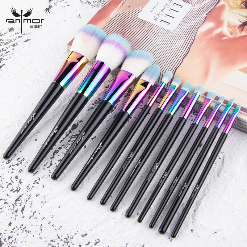 

2019 Anmor Rainbow Makeup Brushes High Quality Fan Brush Wood Handle Duo Fiber Make Up Brush Eyeshadow Brush pinceaux maquillage