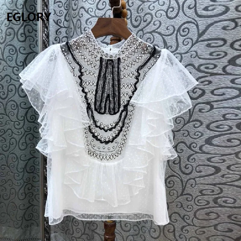 High Quality Tops Blouse 2019 Spring Summer Tops Women Stand Neck Vintage Embroidery Polka Dot Print Mesh Patchwork White Blouse
High Quality Tops Blouse 2019 Spring Summer Tops Women Stand Neck Vintage Embroidery Polka Dot Print Mesh Patchwork White Blouse