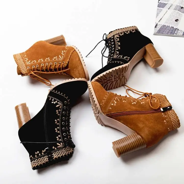New Arrival Black Brown Suede Upper Ankle Boots With Embroider Flowers Round Toe High Square Heel Ladies Booties Lace Up Shoes
New Arrival Black Brown Suede Upper Ankle Boots With Embroider Flowers Round Toe High Square Heel Ladies Booties Lace Up Shoes