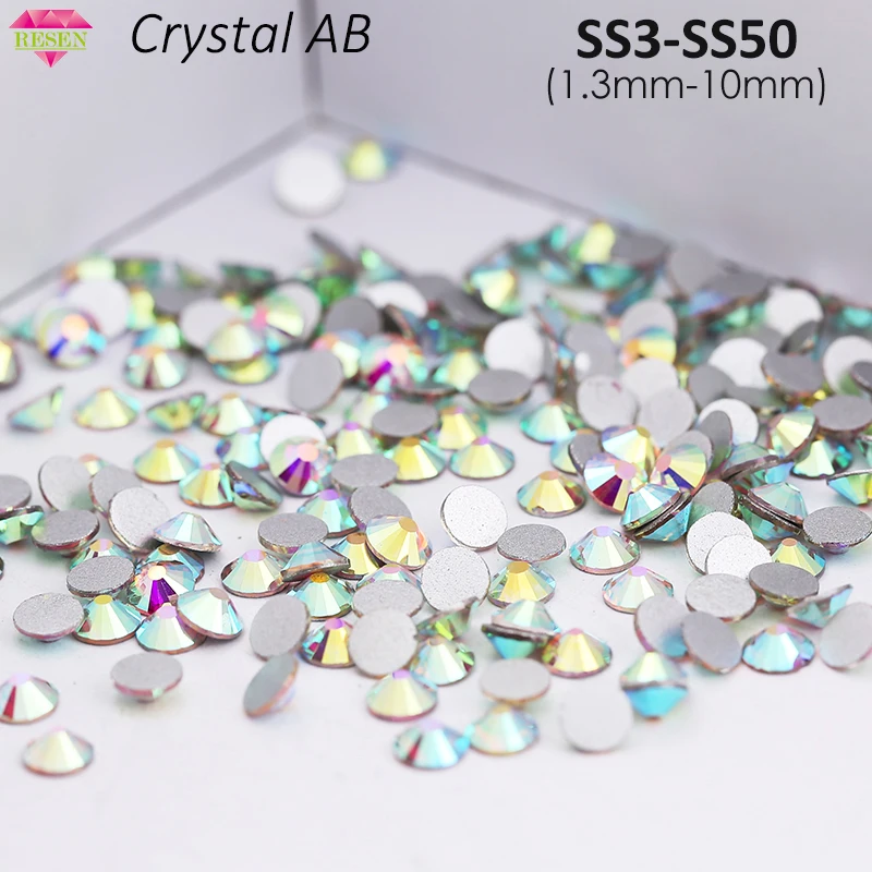 

RESEN Wholesale SS3-SS50 Glass Non Hotfix Flatback Stone Crystal AB 3D Nail Art Crystal AB Color Strass Flatback Rhinestone