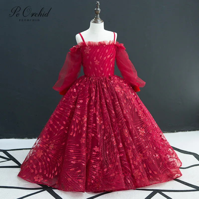 PEORCHID 2019 Burgundy Flower Girl Dresses For Weddings Ball Gown Kids Glitter Sequin Vestido Menina Flor Girl's Formal Dress | Свадьбы и