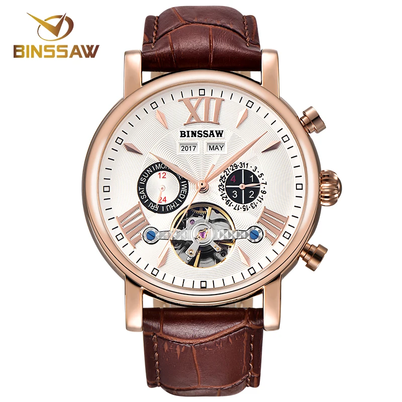 

BINSSAW New Men Luxury Brand Automatic Mechanical Watch Fashion Military Business Leather Man Calendar Watches relogio masculino