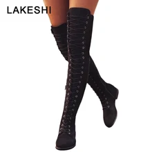 Sexy Lace Up Über Knie Stiefel Frauen rom stil Stiefel Frauen Wohnungen Schuhe Frau wildleder lange Stiefel Botas Winter Oberschenkel hohe Stiefel 35-43(China)