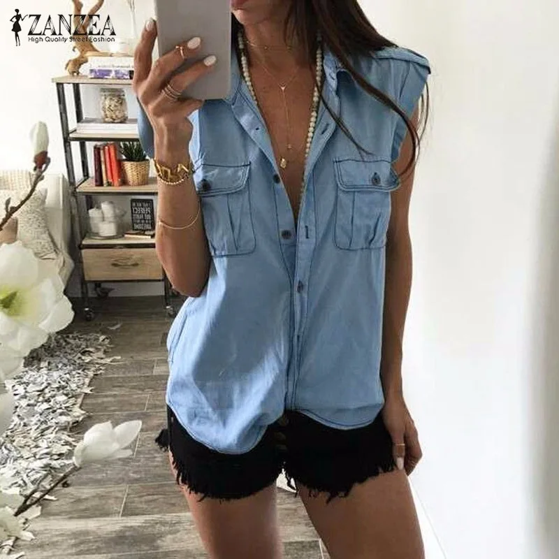 Denim Tops Single Breasted Sleeveless Tops Plus Size Fashion Jeans Blouse Women Shirts Summer Clothes Street Style 2018
Denim Tops Single Breasted Sleeveless Tops Plus Size Fashion Jeans Blouse Women Shirts Summer Clothes Street Style 2018