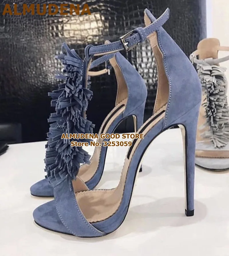 

ALMUDENA Women Stiletto Heels Fringe Fluffy Gladiator Sandals Thin High Heel Strap Tassel Dress Shoes Nice Evening Party Pumps