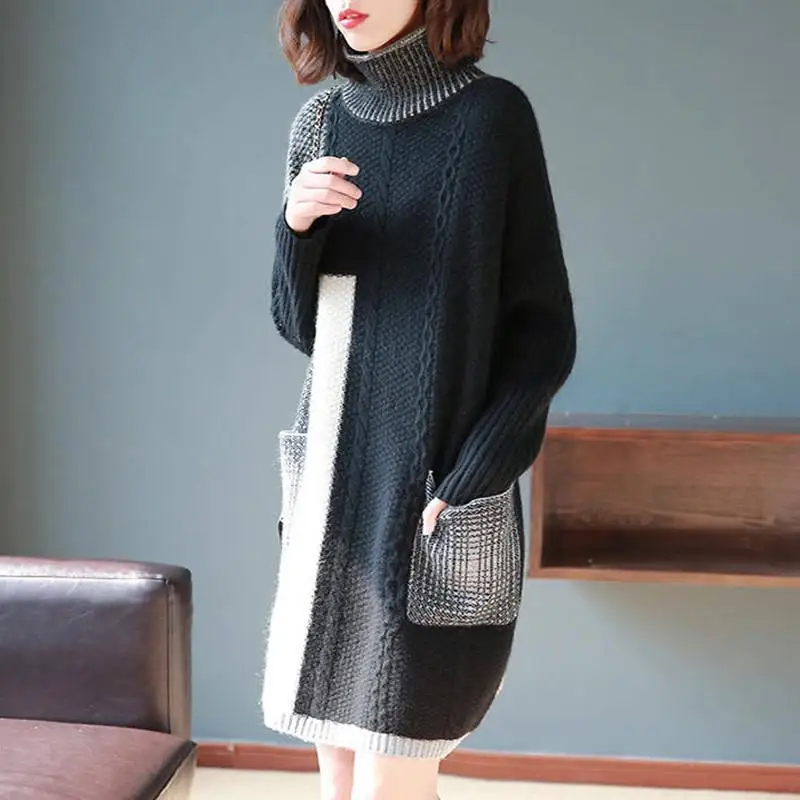 Women Autumn Winter Turtleneck Pullover Knit Sweater Dress Female Patchwork Elegant Thicken Plus Size Knitted Sweater Dress V371
Women Autumn Winter Turtleneck Pullover Knit Sweater Dress Female Patchwork Elegant Thicken Plus Size Knitted Sweater Dress V371