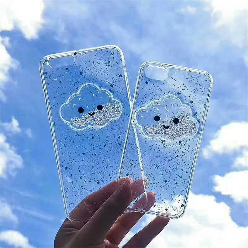 Cute Glitter Powder Smile Face Clouds Mobile Phone Case For iPhone X Soft TPU Dynamic Beads Back Cover For iphone 6 6s 7 8 Plus Case (9)