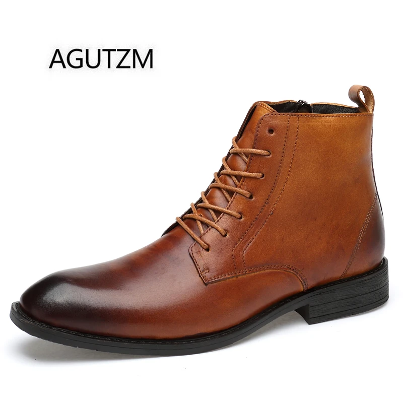 

AGUTZM 9206 Autumn Winter Genuine Leather Lace Up Square Toe Men's Boots Keep Warm With Plush Business Casual Man Ankle Boots