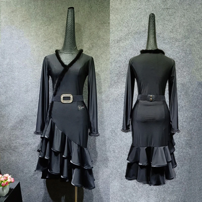 Женское платье для латиноамериканских танцев черное с длинным рукавом и юбкой в