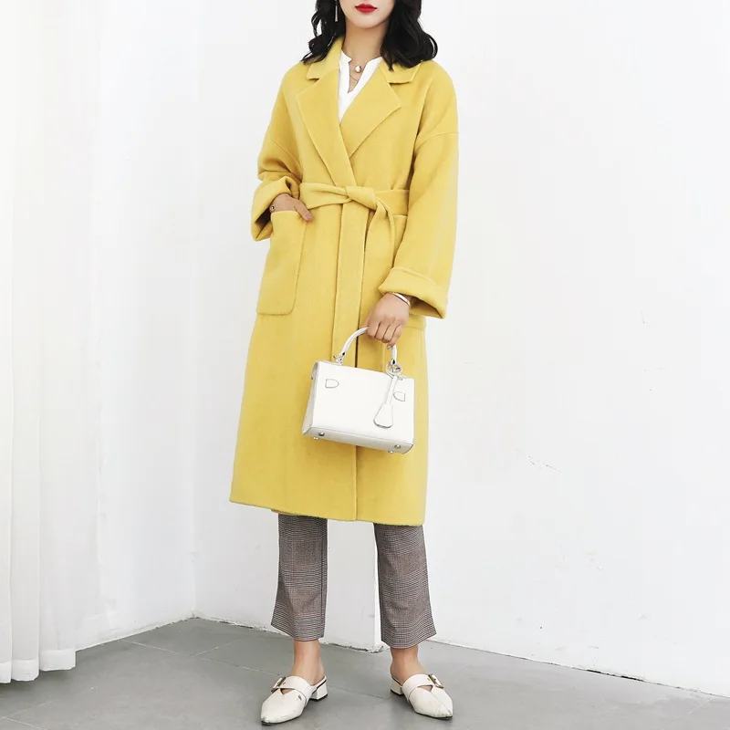 2019 New Spring Coats 100% Wool Double-sided Wool Coat Female Fashion Warm Thick Cloth Coat Belt Yellow Long Women Coat Winter
2019 New Spring Coats 100% Wool Double-sided Wool Coat Female Fashion Warm Thick Cloth Coat Belt Yellow Long Women Coat Winter