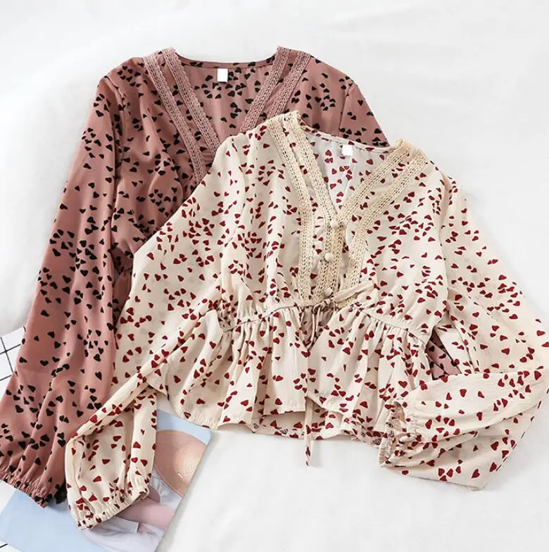 Women's spring summer long sleeve heart print v neck chiffon shirt female casual short high waist shirt tops TB1170
Women's spring summer long sleeve heart print v neck chiffon shirt female casual short high waist shirt tops TB1170