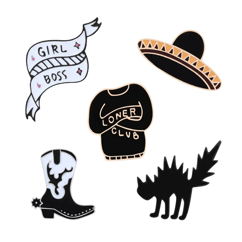 6 Stye Black Pins Hat Button Cat Boots 'Loner Club' Sweater Badge 'Girl Boss' Metal Enamel Brooches For Men Accessories Jewelry
6 Stye Black Pins Hat Button Cat Boots 'Loner Club' Sweater Badge 'Girl Boss' Metal Enamel Brooches For Men Accessories Jewelry