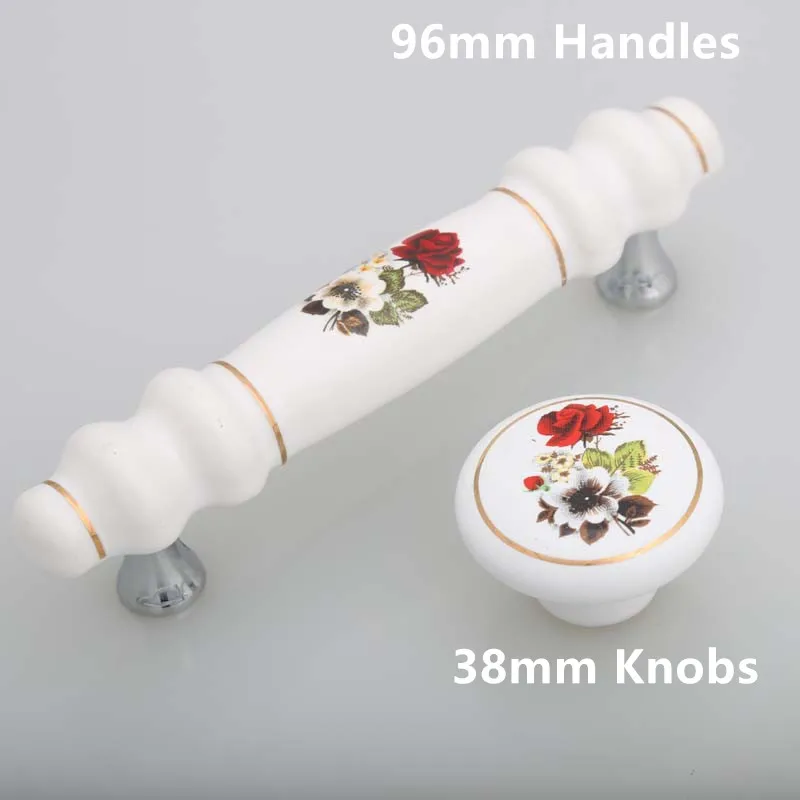 

96mm fashion rural ceramic furniture handles white red flower porcelain drawer cabinet knobs pulls silver gold dresser handles