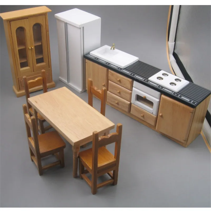 

Doub K 1:12 Wooden Furniture toy Dollhouse Miniature refrigerator table stove kitchen sets dolls house girls pretend play toys