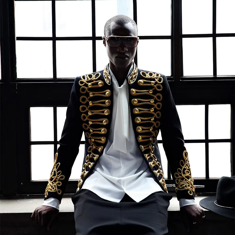 Handmade Gold striped Suit Jacket New stand collar Embroidery Slim suits fashion army shirt costumes stage show performance wear
Handmade Gold striped Suit Jacket New stand collar Embroidery Slim suits fashion army shirt costumes stage show performance wear