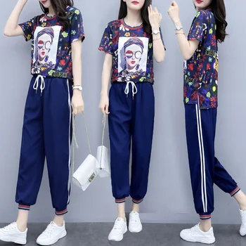 

Casual Feminine 2019 Plus Size Print Twinset Elegant Fashion Pocket Summer Set Women Korean Striped Patchwork Brief 2 Pcs Set