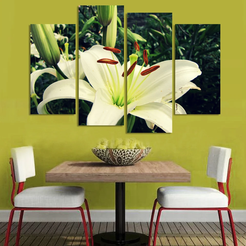 Image 4pcs greenish lily flower bright print oil painting canvas for sofa background wall picture Free Shipping modular