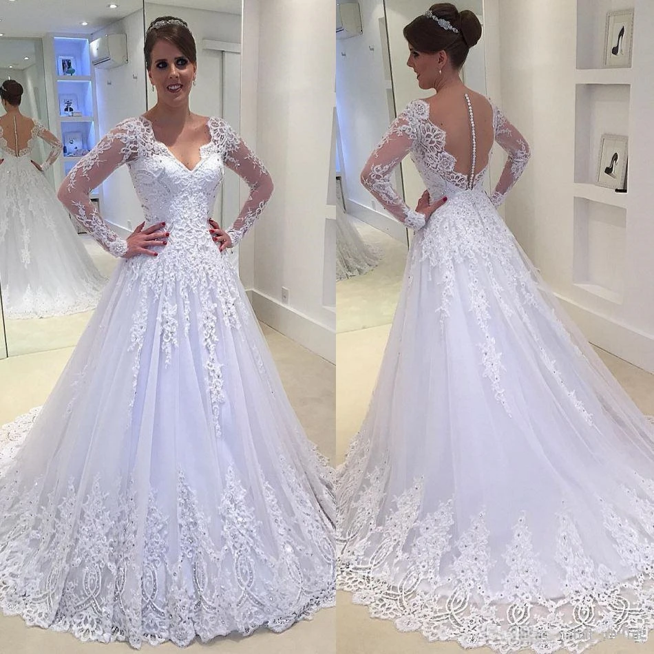 Women Fashion V-neck Illusion Lace Full Sleeve Backless Luxury Wedding Dress Wedding Gown
Women Fashion V-neck Illusion Lace Full Sleeve Backless Luxury Wedding Dress Wedding Gown