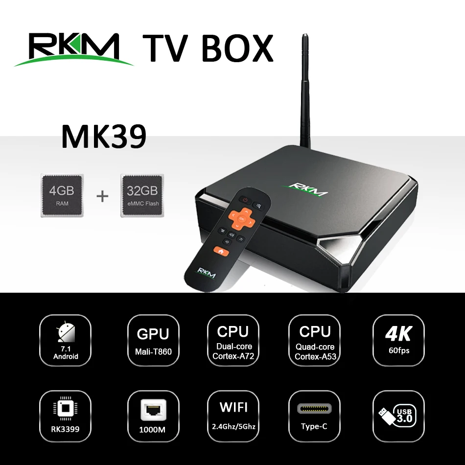 ТВ приставка RKM MK39 Android 7 1 Rockchip RK3399 4 Гб 32 ГБ 802.11AC 2 4G 1000M LAN USB Type c цифровой