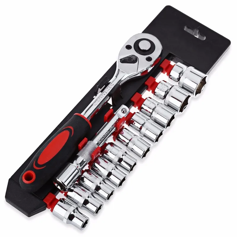 12pcs 1/4-Inch Ratchet Wrench Kit Chrome Alloy Socket Wrench + 10 Common Sockets + Extension Rod for Car Repairing
12pcs 1/4-Inch Ratchet Wrench Kit Chrome Alloy Socket Wrench + 10 Common Sockets + Extension Rod for Car Repairing