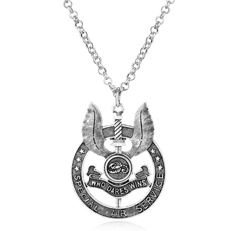 

MQCHUN Jewelry Necklace SAS British Army Special Air Service Who Dares Wins Metal Military Force Badge Pendant Necklace Men Gift