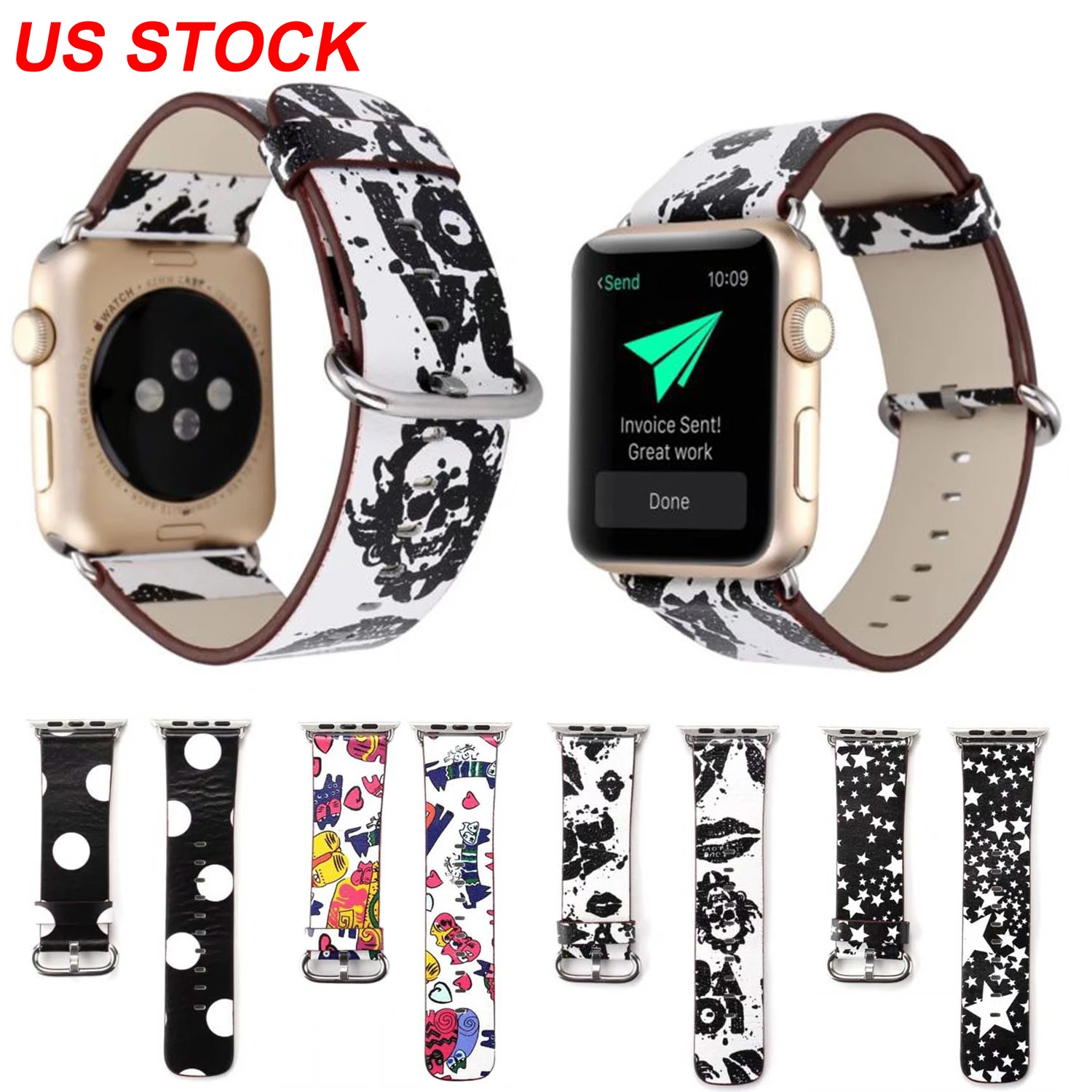 

Rock Stars Skulls PU Leather Band for Apple Watch Series 3 2 1 Wristbands 38mm 42mm Colorful Cats Dots Bracelet for iWatch Belt