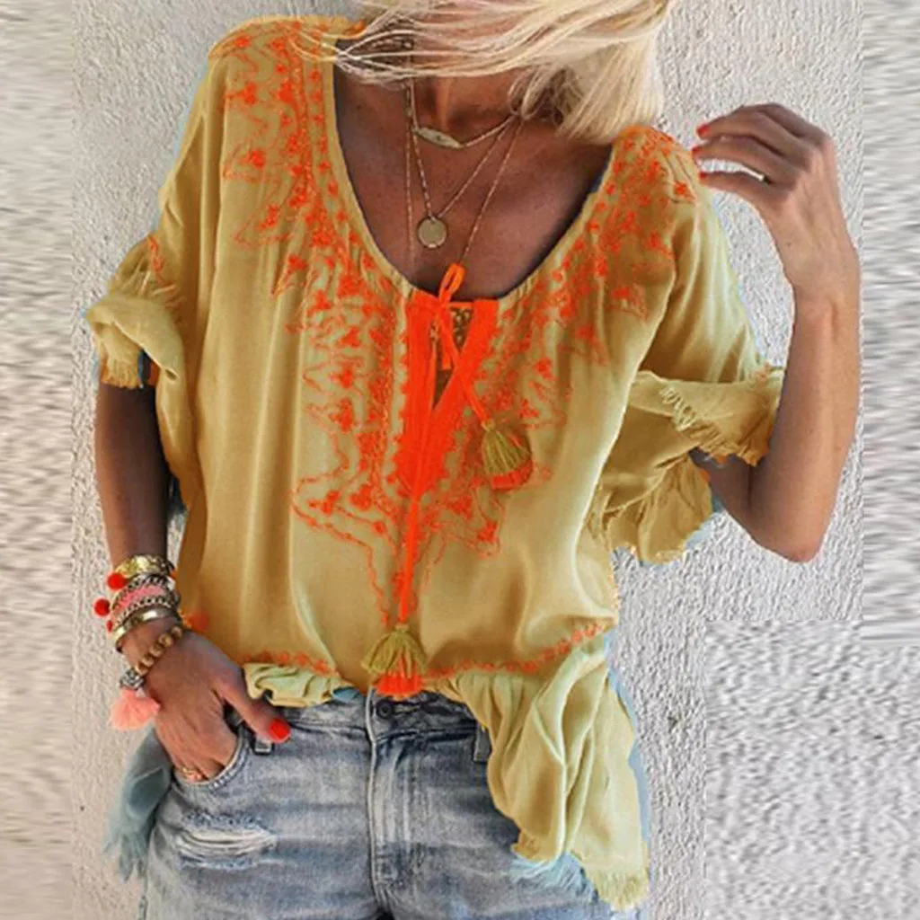 Summer Fashion Casual Lace Up Tops Blouse Boho Printed Loose Tee Top Female Women's Short Sleeve Shirt Blusas Femininas Clothing
Summer Fashion Casual Lace Up Tops Blouse Boho Printed Loose Tee Top Female Women's Short Sleeve Shirt Blusas Femininas Clothing